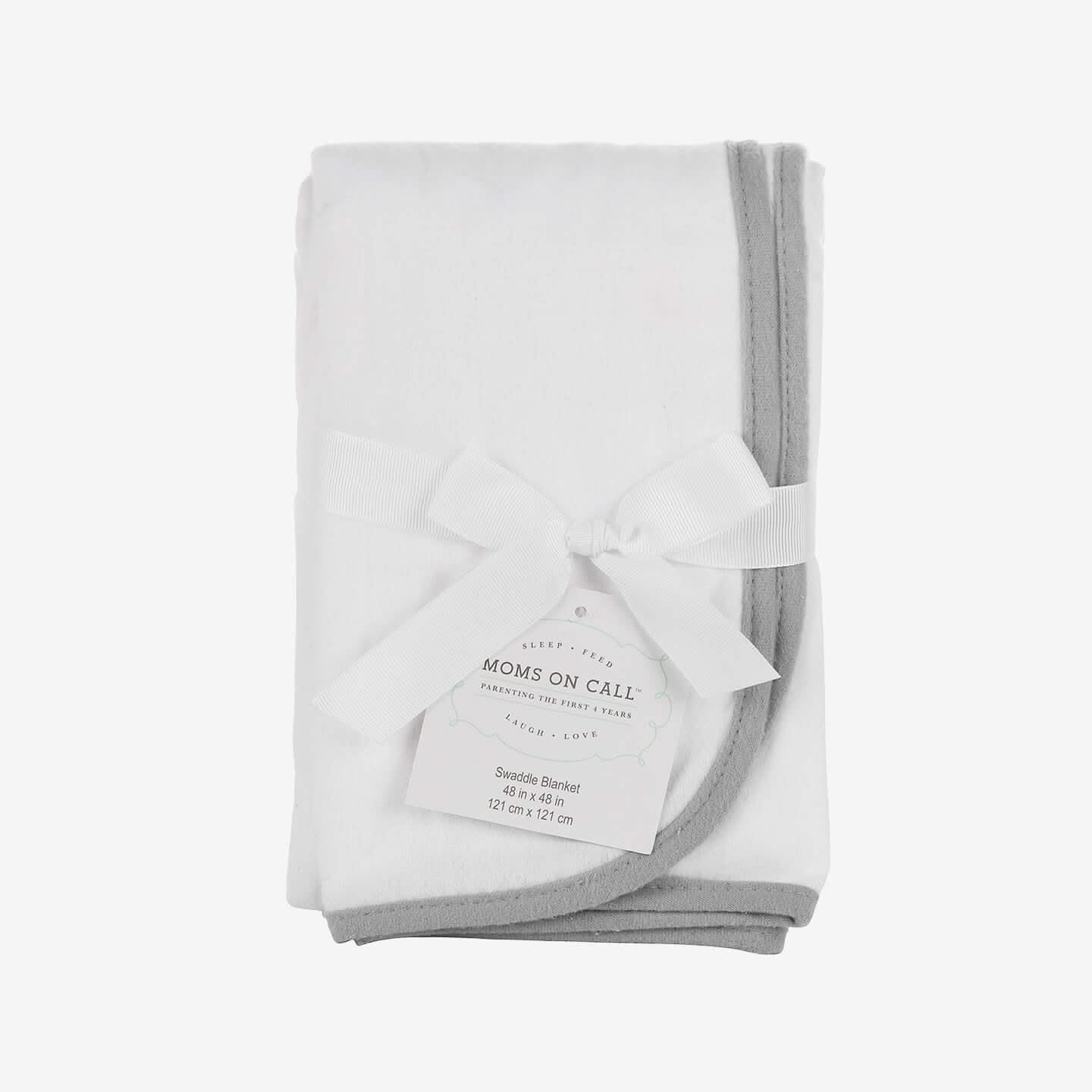 folded gray swaddle blanket with ribbon
