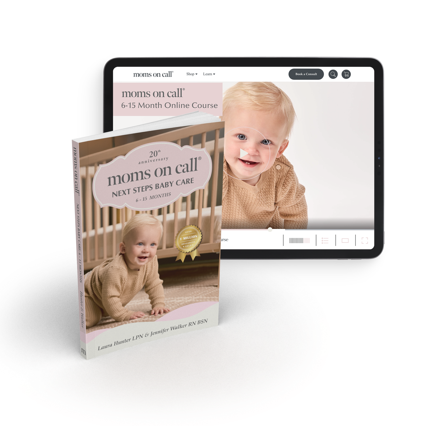 Book and tablet displaying 'moms on call' online course for 6-15 months with a baby image.