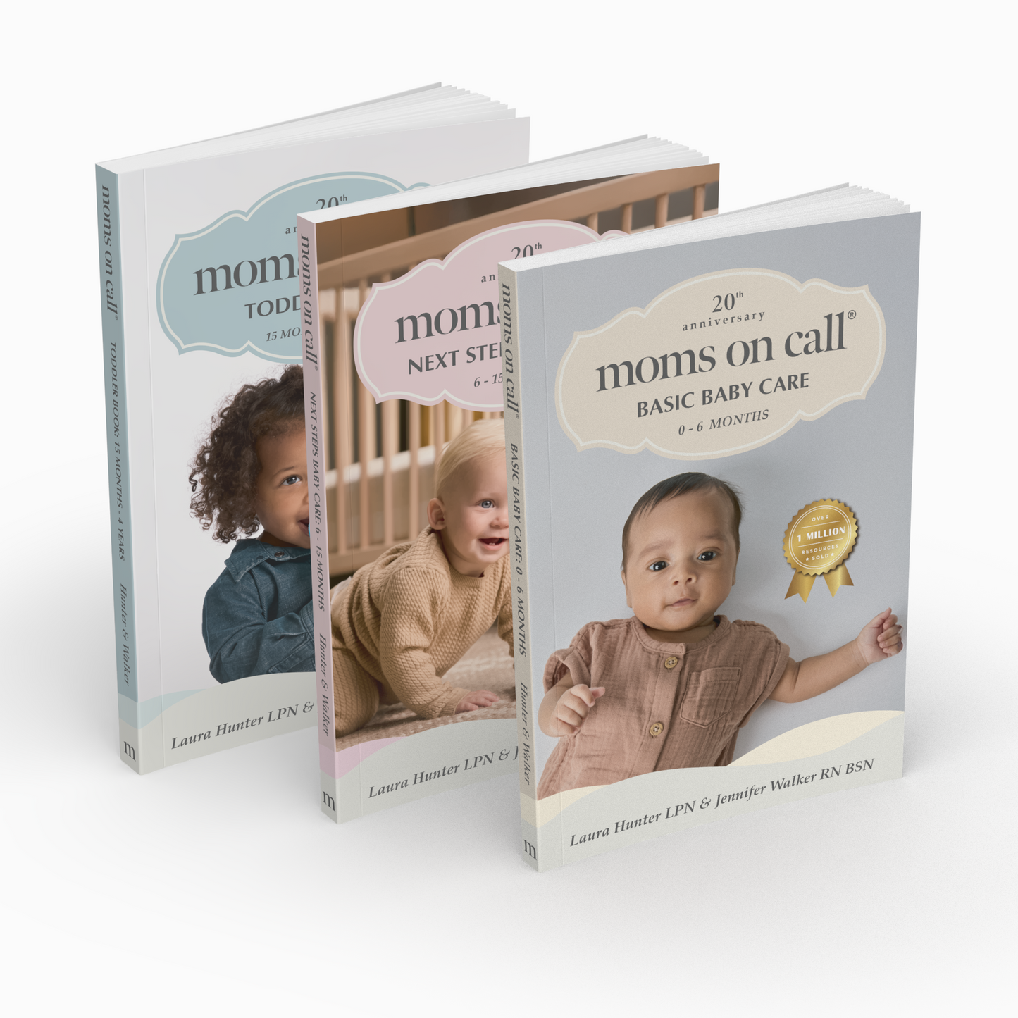 Three books titled 'moms on call' on a white background