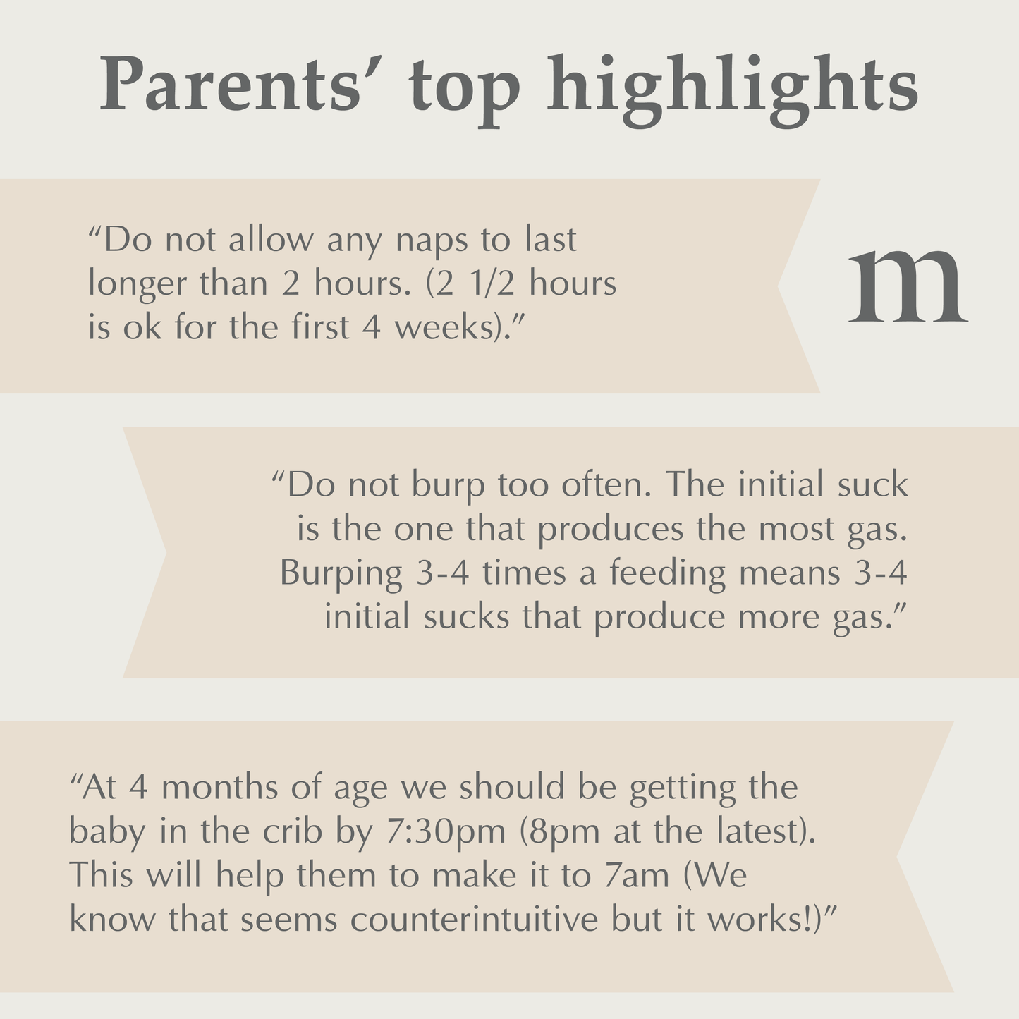 Text with parenting tips for 0-6 months on a beige background