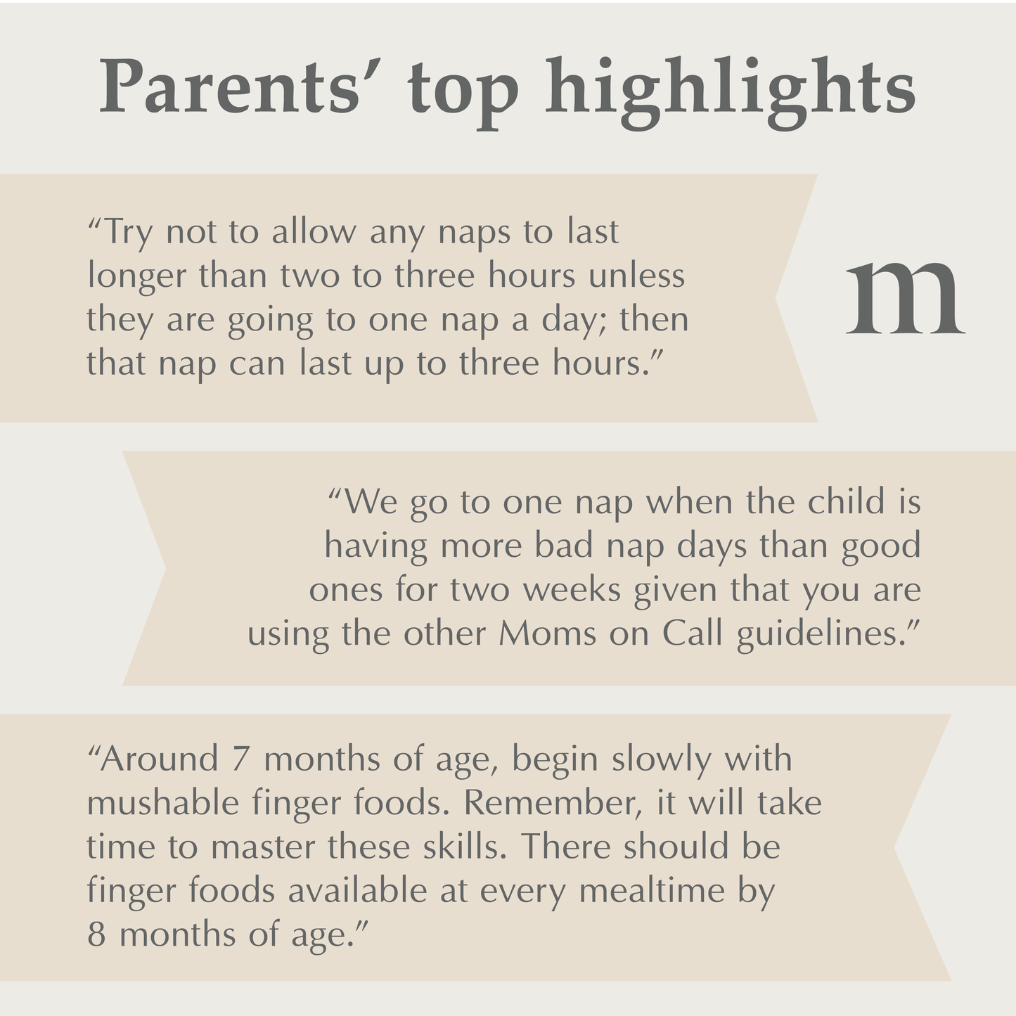 Text on a beige background with 'moms on call' logo, discussing parenting tips and top book highlights
