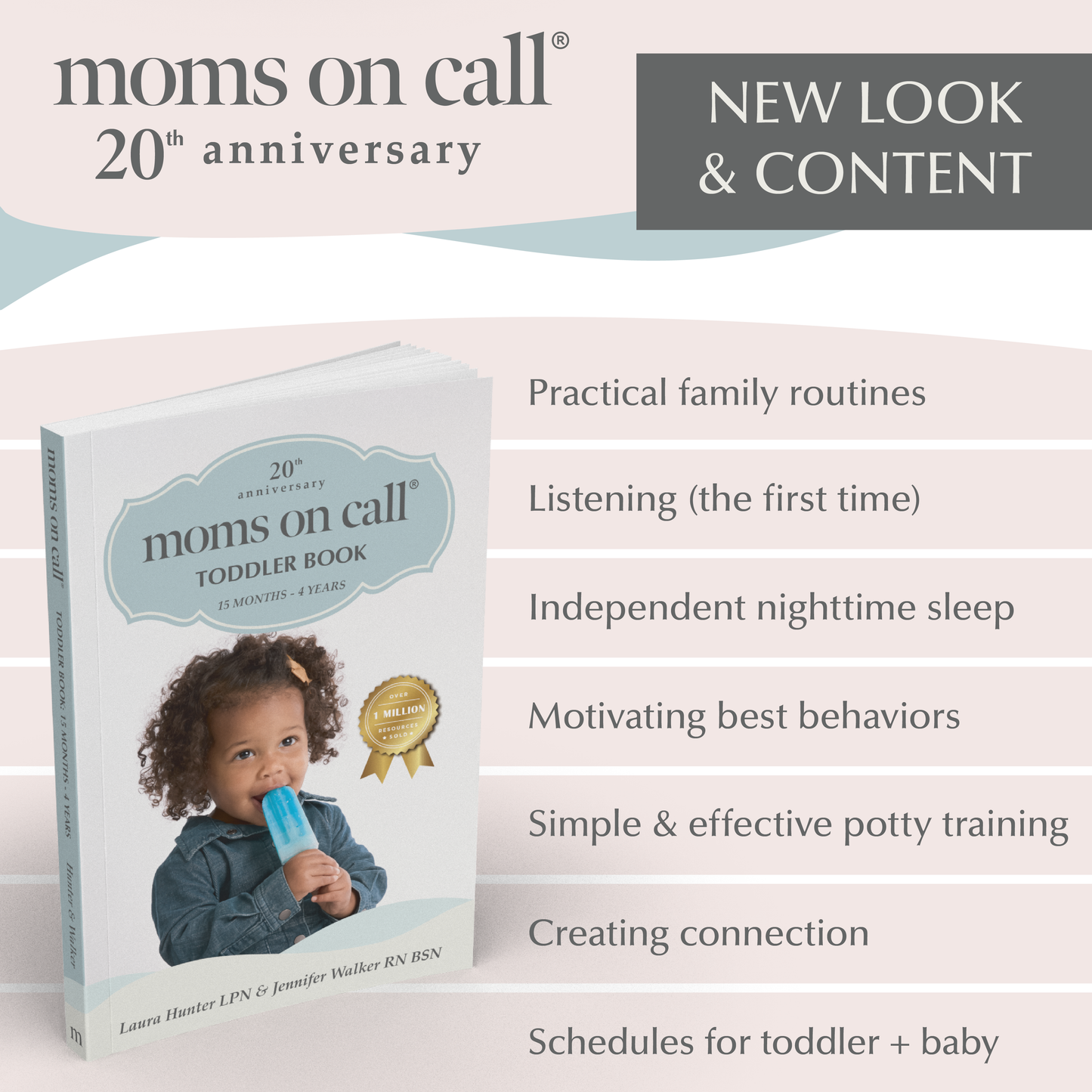 Book titled 'moms on call' with a child on the cover, celebrating its 20th anniversary.