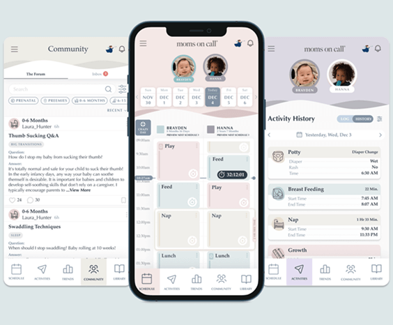 Moms on Call Baby app interface displayed on a smartphone with community, call, and activity history sections.