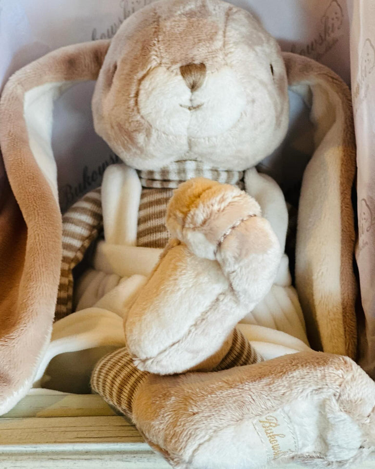 A plush bunny with long ears and a soft, tan color sits snugly in a cozy nook 3