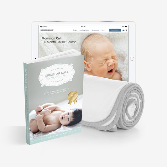 Moms on Call 0-6 Months book, online course and a swaddle blanket