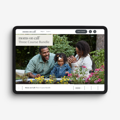 Tablet displaying a moms on call online course for newborns through toddlers