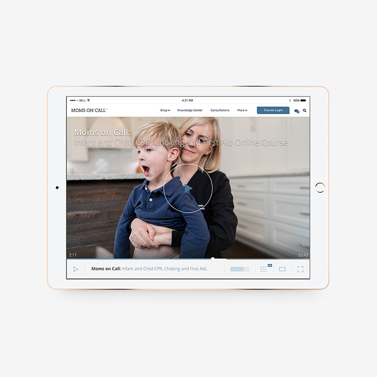 An ipad showing Moms on Call infant and child first aid course