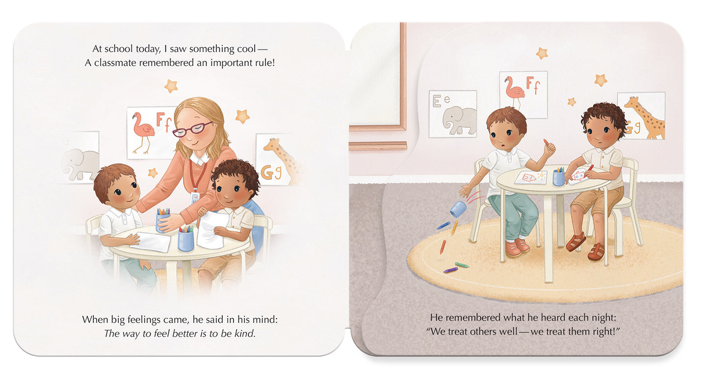 Children's book page with illustrations of children in a classroom setting.