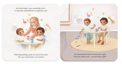 Children's book page with illustrations of children in a classroom setting.
