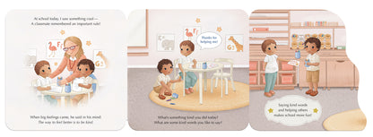 Three illustrated book pages showing children in different settings with text bubbles.