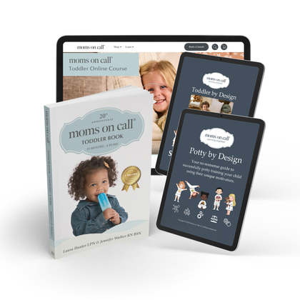 Collection of 'moms on call' products for toddlers including a book and digital materials on tablets.