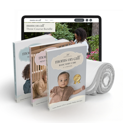 Books titled 'moms on call', online course and swaddle blanket 