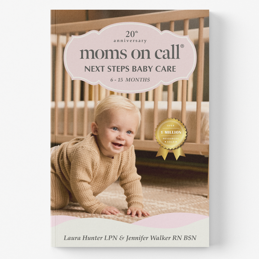 Book titled '20th Anniversary moms on call Next Steps Baby Care' with a baby crawling on the cover.