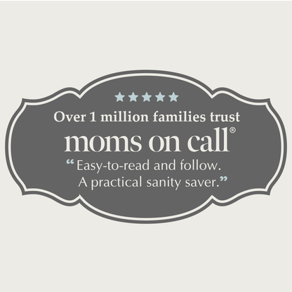 Advertisement for 'moms on call' with text and star rating on a gray background