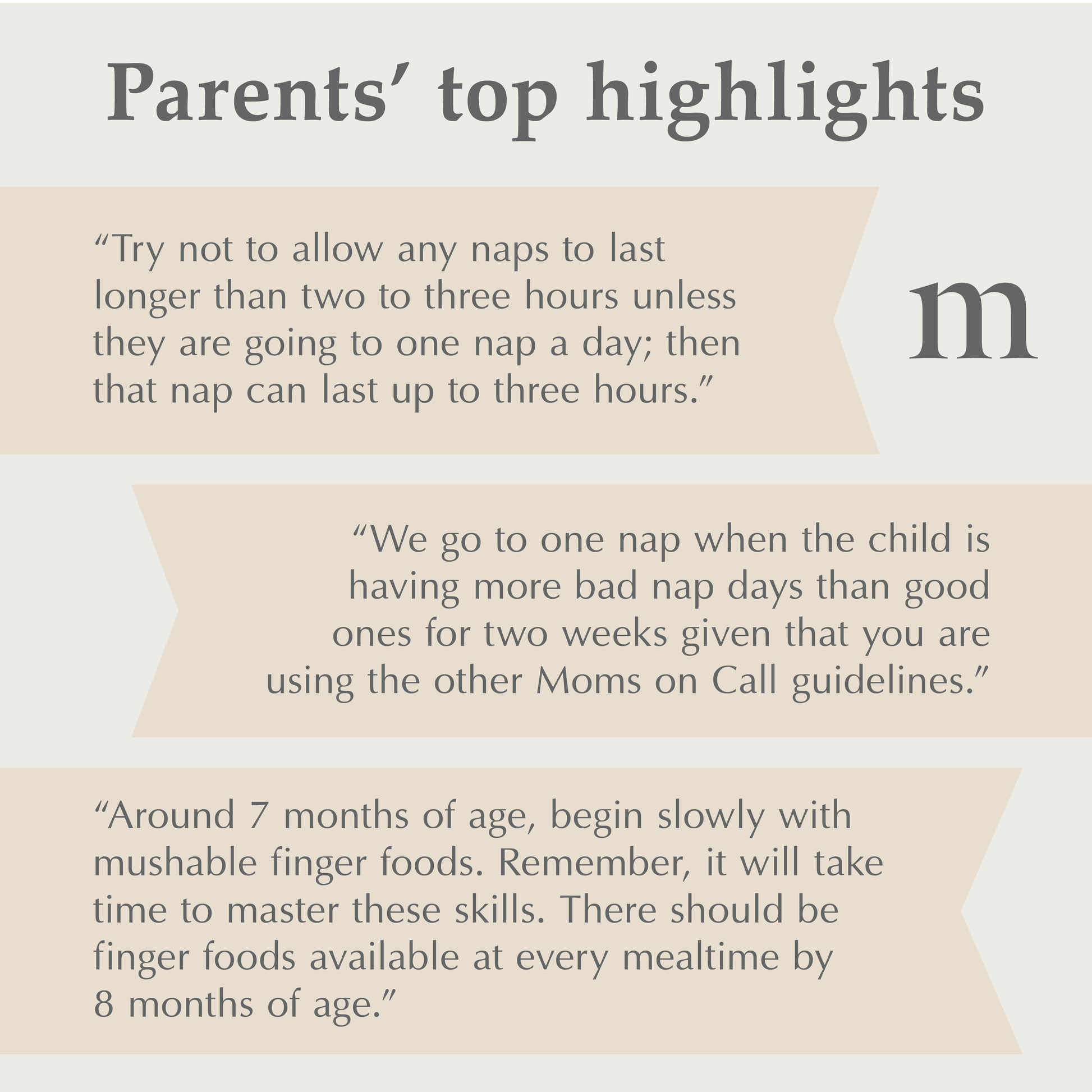 Text on a beige background with 'moms on call' logo, discussing parenting tips and top book highlights