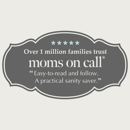 Advertisement for 'Moms on Call' with text and star rating on a gray background