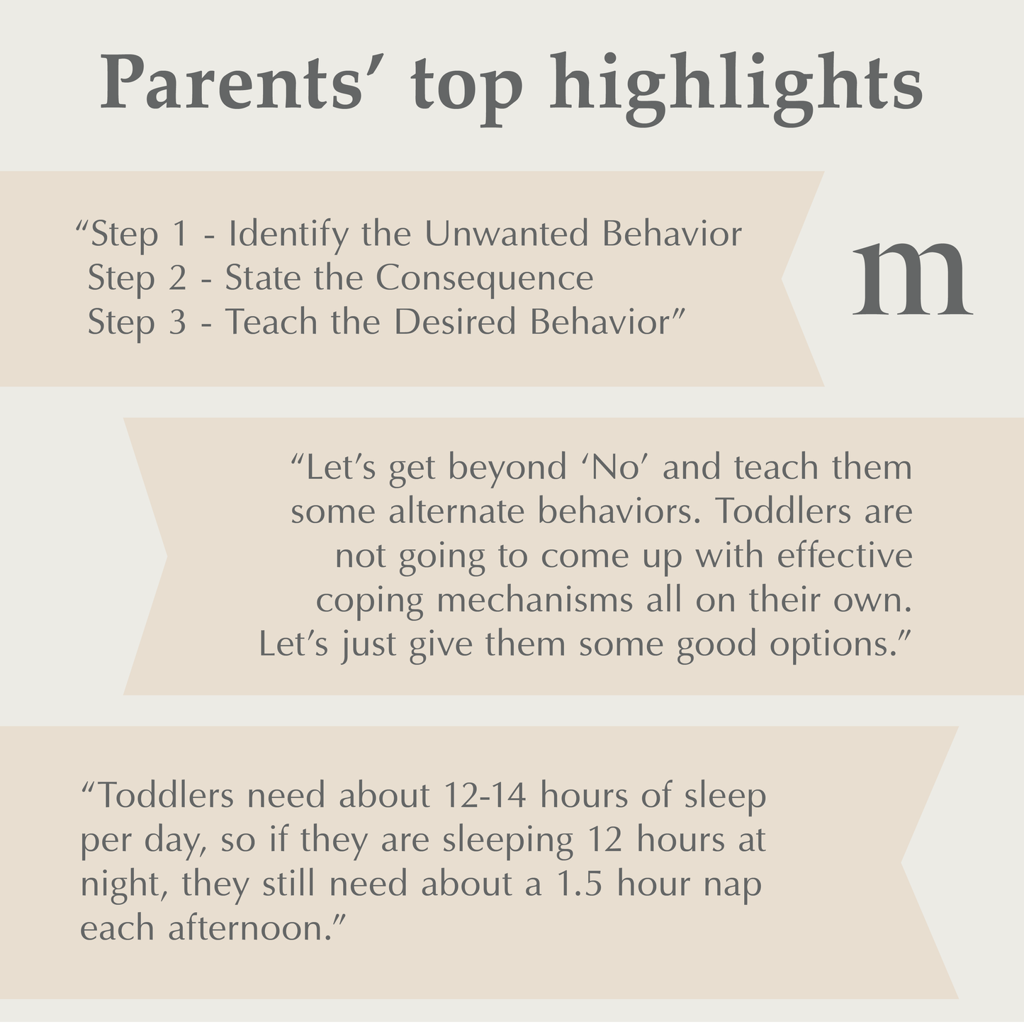 Text on a beige background about moms on call parenting tips and toddler sleep needs.