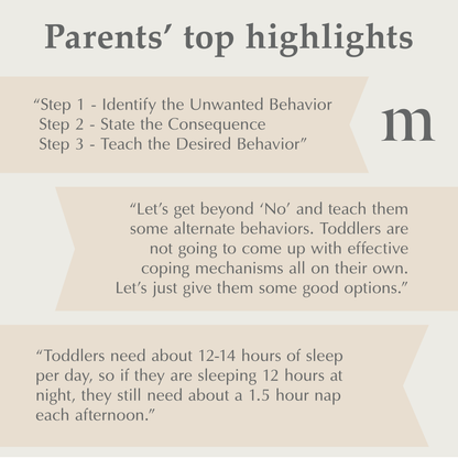 Text on a beige background about moms on call parenting tips and toddler sleep needs.