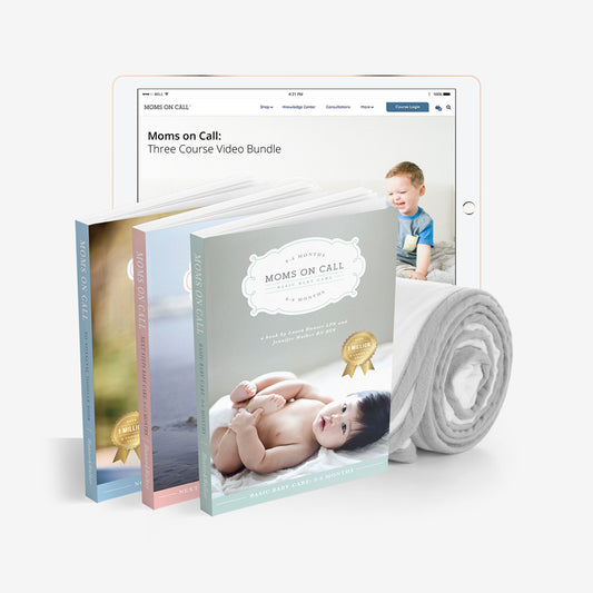 Moms on Call's newborn to toddler bundle featuring three books, online course, and a rolled-up swaddle blanket
