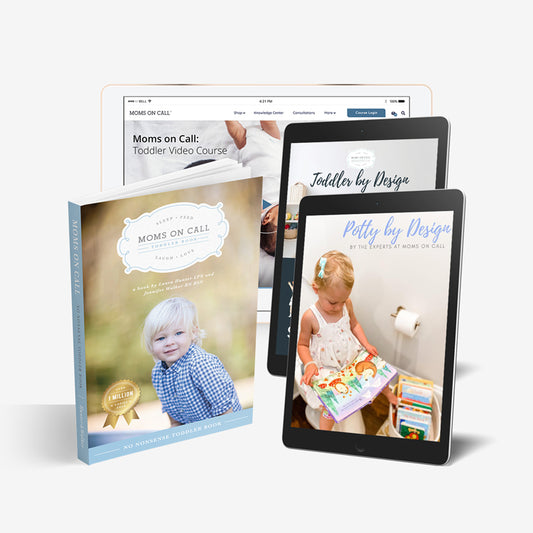 Image showing Moms on Call's various toddler parenting resources, including a book, video course, and potty training