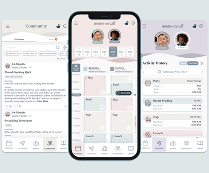 Moms on Call Baby app interface displayed on a smartphone with community, call, and activity history sections.