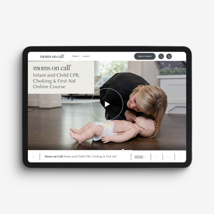 Tablet displaying a moms on call CPR training course on a white background
