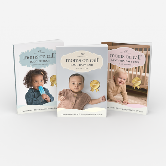 Three books titled 'moms on call' with images of babies on a white background