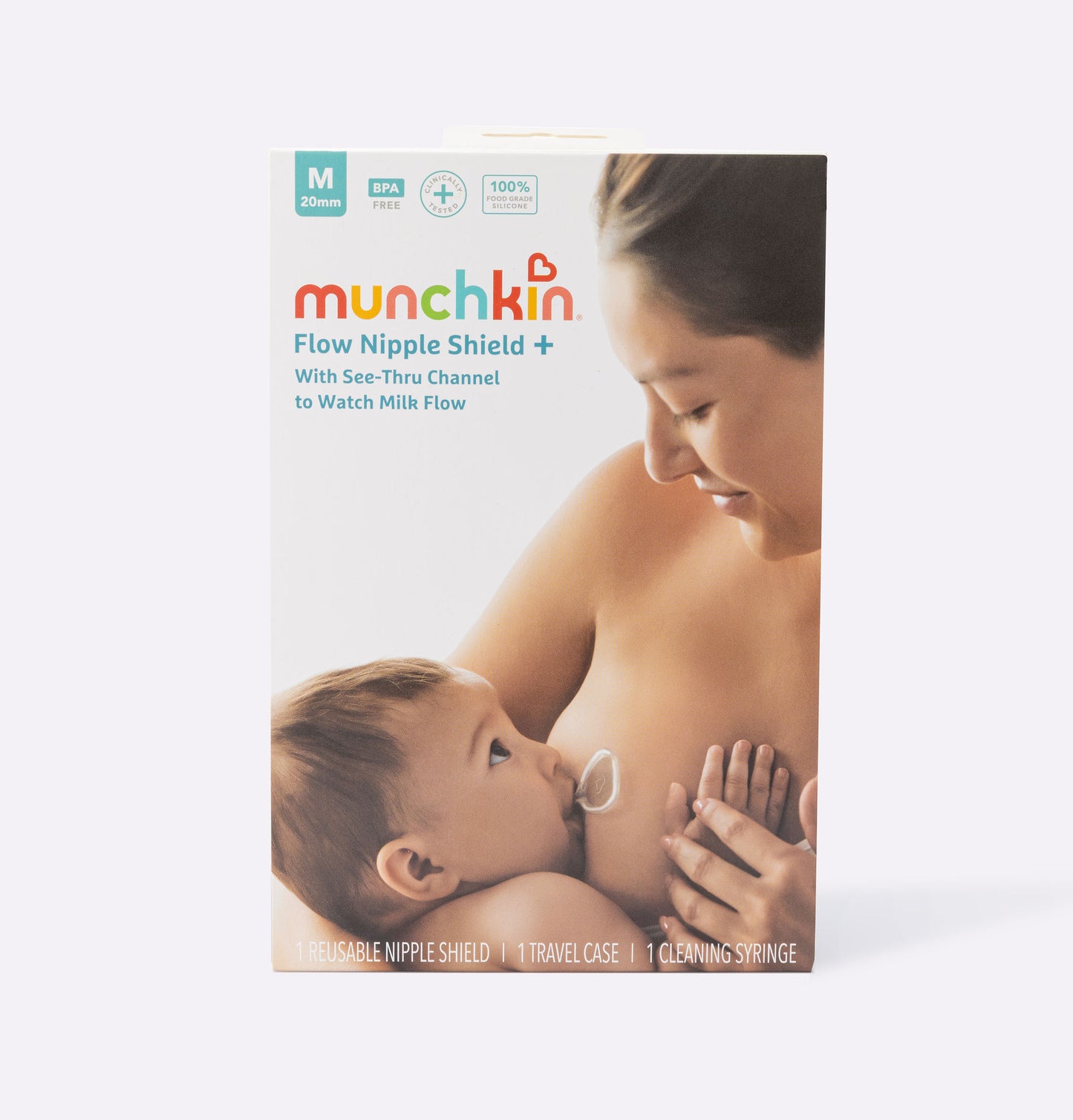 Munchkin Flow Nipple Shield packaging with a mother and baby on a white background