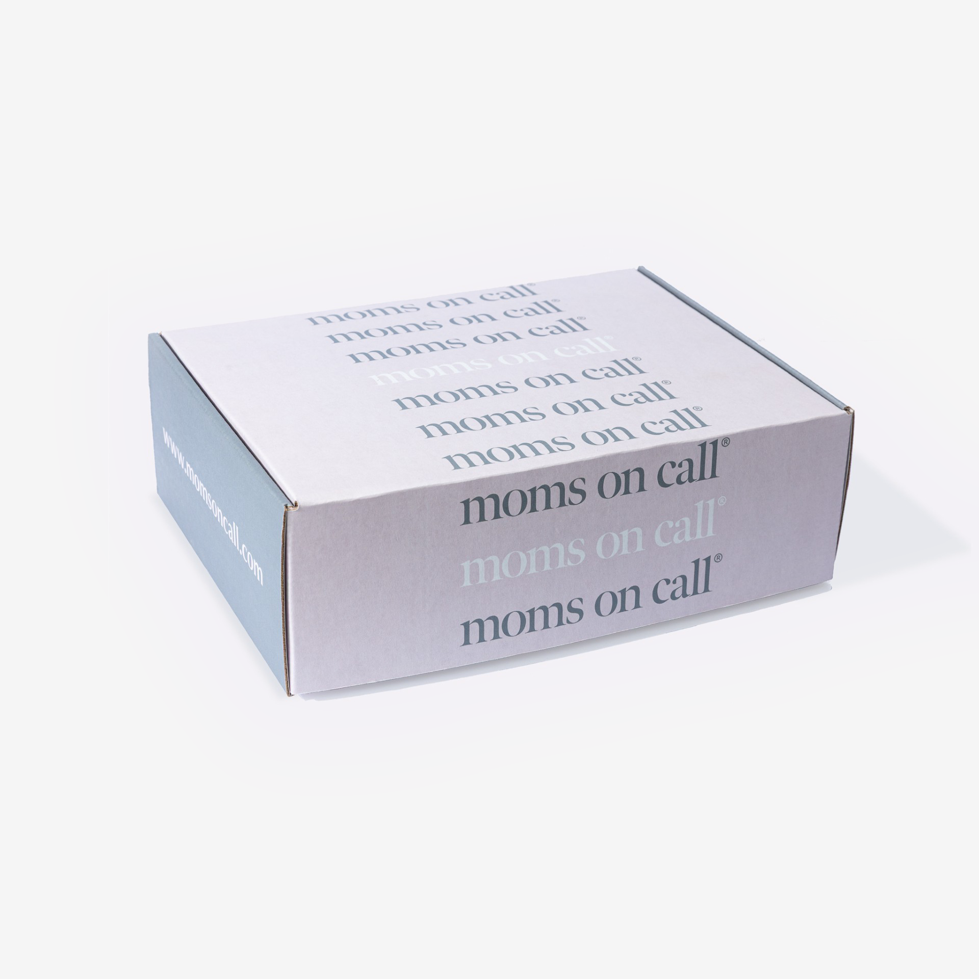 Gift box with 'moms on call' text on a white background